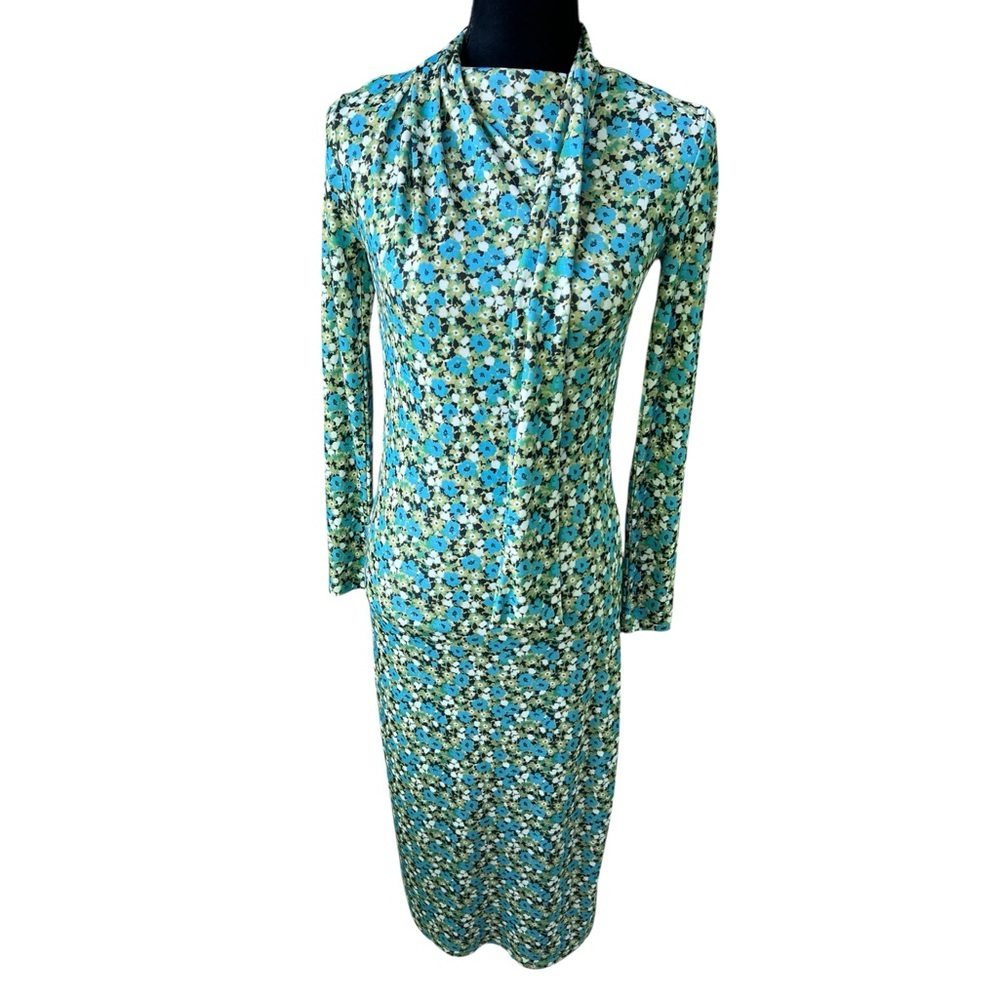 Zara green blue floral long-sleeve midi dress high neck Kentucky Derby Medium - Picture 6 of 14